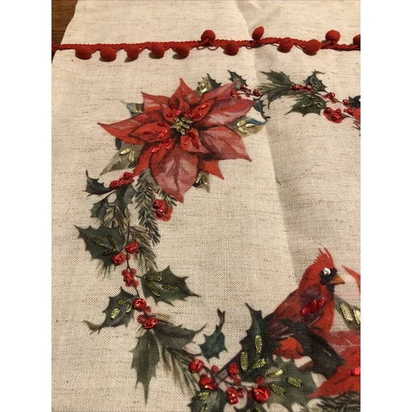 Christmas Cardinal Table Runner Wreath Poinsettia 13 X 69 Pom Poms - Picture 3 of 7